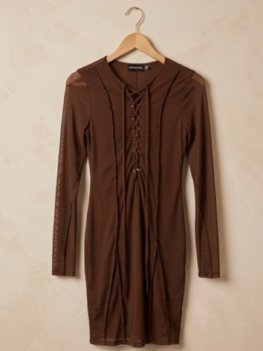 New PrettyLittleThing Brown Mesh Lace Up Dress Sheer Ruched  size 12